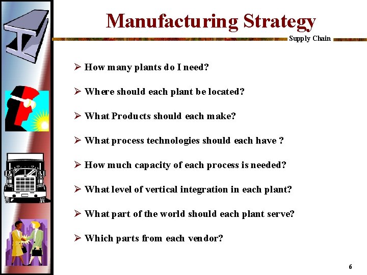 Manufacturing Strategy Supply Chain Ø How many plants do I need? Ø Where should
