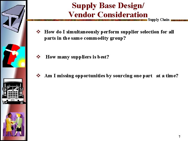 Supply Base Design/ Vendor Consideration. Supply Chain v How do I simultaneously perform supplier