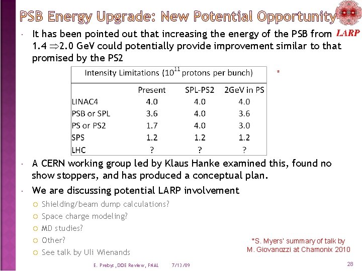  It has been pointed out that increasing the energy of the PSB from