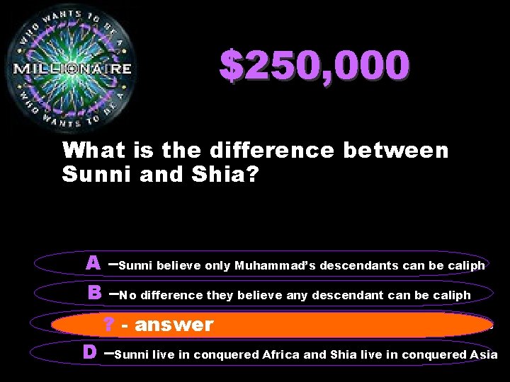 $250, 000 What is the difference between Sunni and Shia? A –Sunni believe only