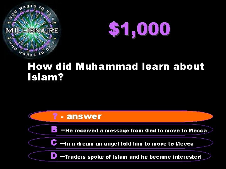 $1, 000 How did Muhammad learn about Islam? A angel came to him while