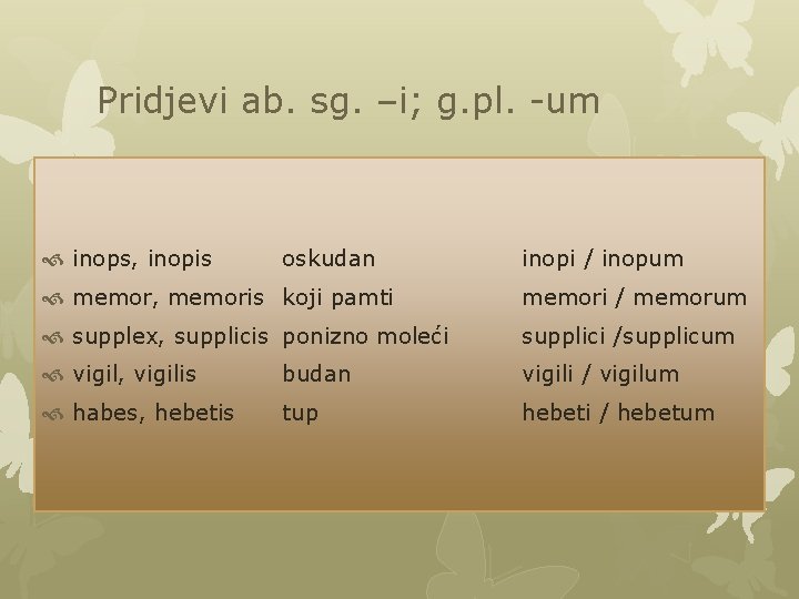 Pridjevi ab. sg. –i; g. pl. -um inops, inopis oskudan inopi / inopum memor, Pridjevi ab. sg. –i; g. pl. -um inops, inopis oskudan inopi / inopum memor,