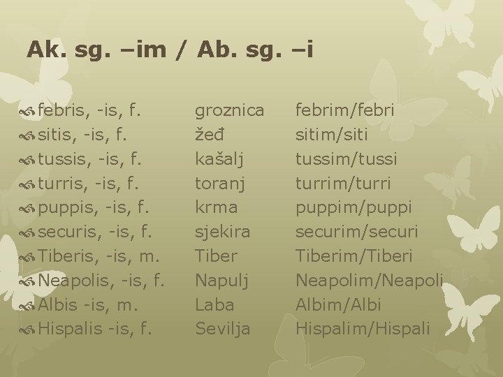 Ak. sg. –im / Ab. sg. –i febris, -is, f. sitis, -is, f. tussis, Ak. sg. –im / Ab. sg. –i febris, -is, f. sitis, -is, f. tussis,