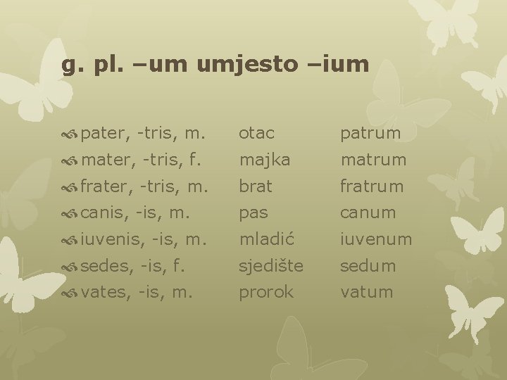 g. pl. –um umjesto –ium pater, -tris, m. otac patrum mater, -tris, f. majka g. pl. –um umjesto –ium pater, -tris, m. otac patrum mater, -tris, f. majka