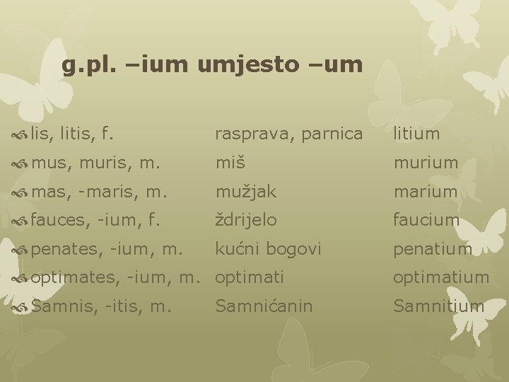g. pl. –ium umjesto –um lis, litis, f. rasprava, parnica litium mus, muris, m. g. pl. –ium umjesto –um lis, litis, f. rasprava, parnica litium mus, muris, m.