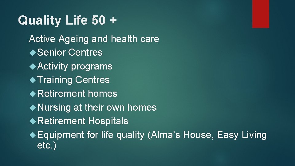 Quality Life 50 + Active Ageing and health care Senior Centres Activity programs Training