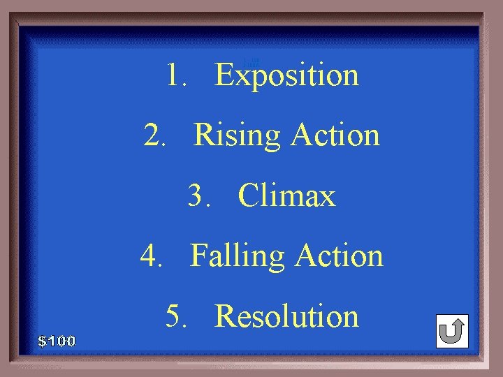 1. Exposition 1 - 100 3 -100 A 2. Rising Action 3. Climax 4.