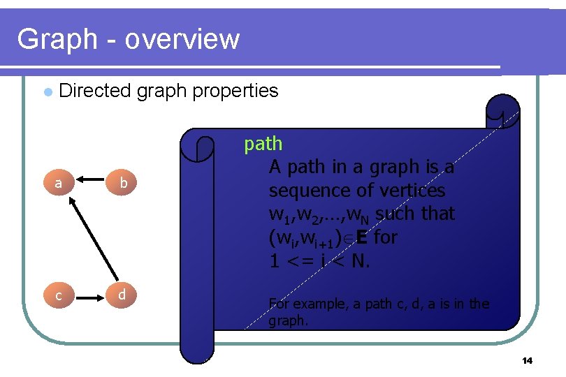 Graph - overview l Directed graph properties a b c d path A path Graph - overview l Directed graph properties a b c d path A path
