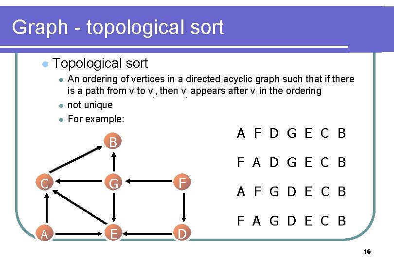 Graph - topological sort l Topological sort l l l An ordering of vertices Graph - topological sort l Topological sort l l l An ordering of vertices