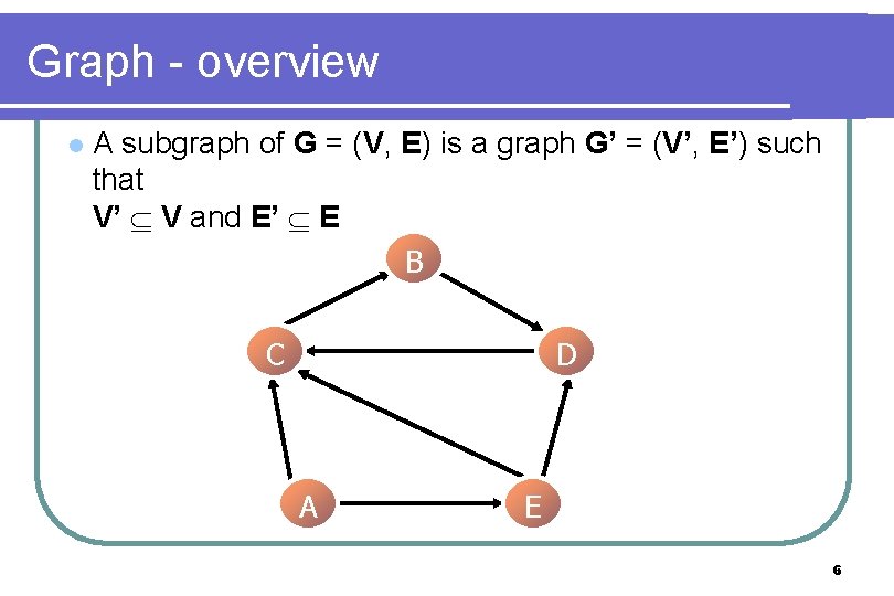 Graph - overview l A subgraph of G = (V, E) is a graph Graph - overview l A subgraph of G = (V, E) is a graph