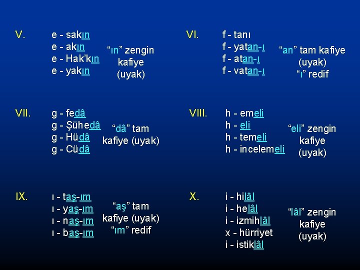 V. e - sakın e - akın “ın” zengin e - Hak’kın kafiye e