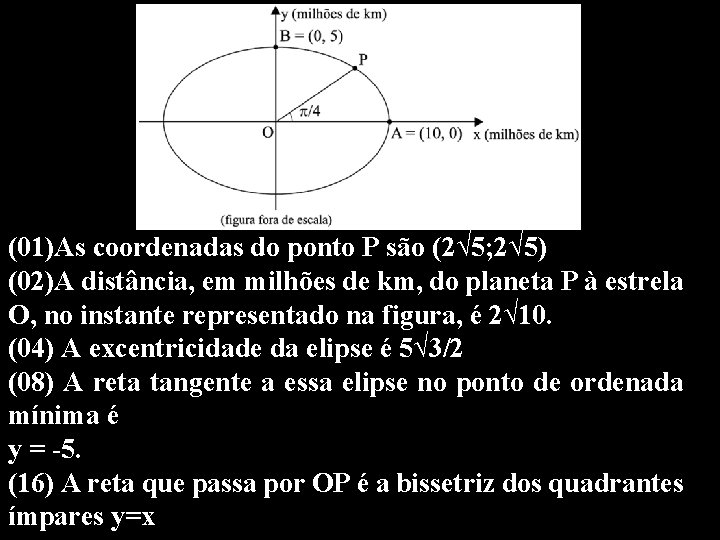 (01)As coordenadas do ponto P são (2√ 5; 2√ 5) (02)A distância, em milhões