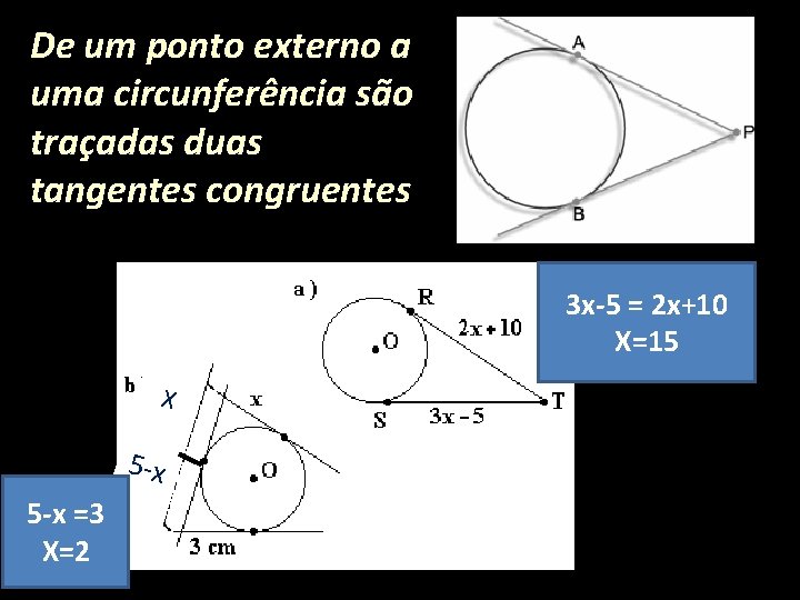 De um ponto externo a uma circunferência são traçadas duas tangentes congruentes 3 x-5