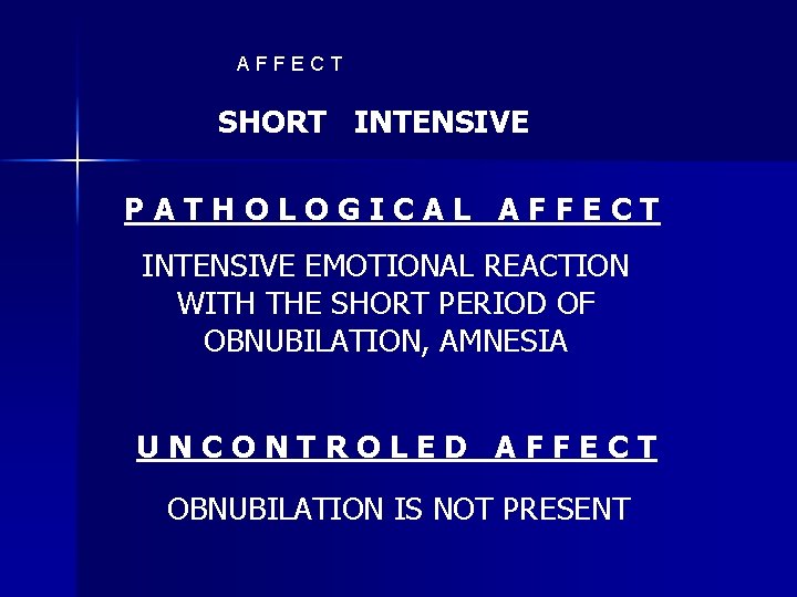 AFFECT SHORT INTENSIVE PATHOLOGICAL AFFECT INTENSIVE EMOTIONAL REACTION WITH THE SHORT PERIOD OF OBNUBILATION,