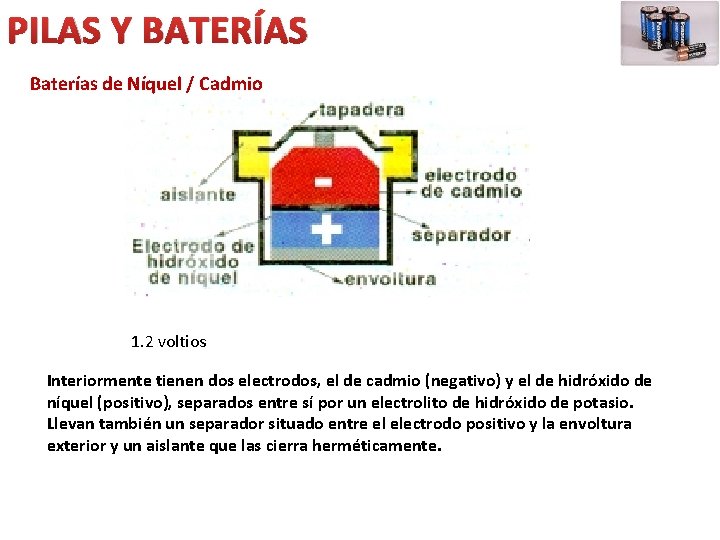 PILAS Y BATERÍAS Baterías de Níquel / Cadmio 1. 2 voltios Interiormente tienen dos