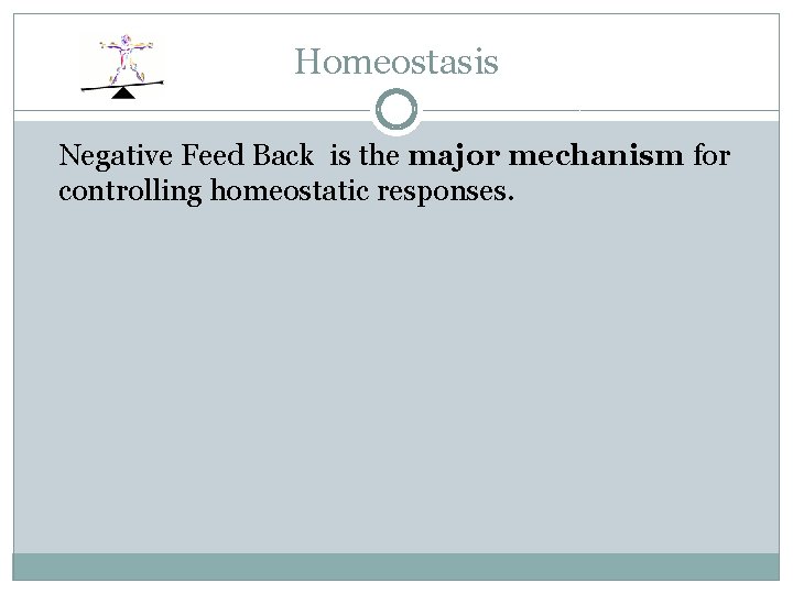 Homeostasis Negative Feed Back is the major mechanism for controlling homeostatic responses. 