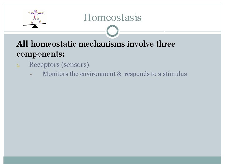 Homeostasis All homeostatic mechanisms involve three components: 1. Receptors (sensors) § Monitors the environment