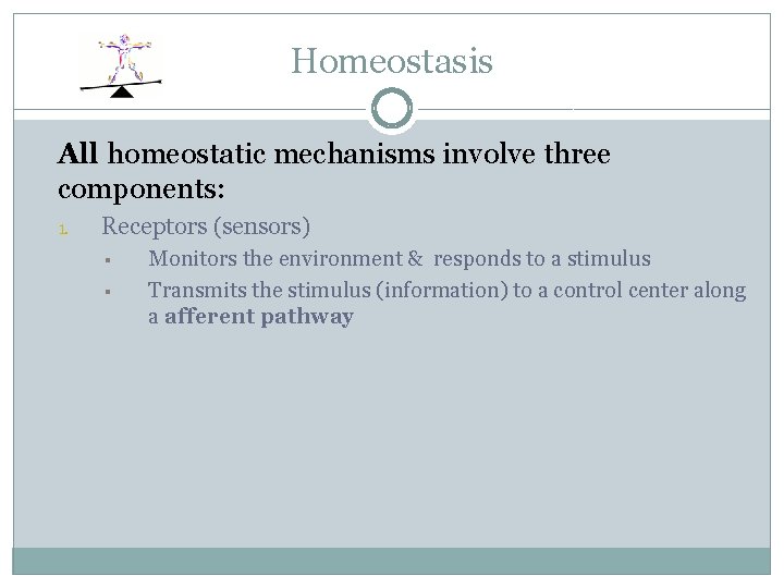 Homeostasis All homeostatic mechanisms involve three components: 1. Receptors (sensors) § § Monitors the