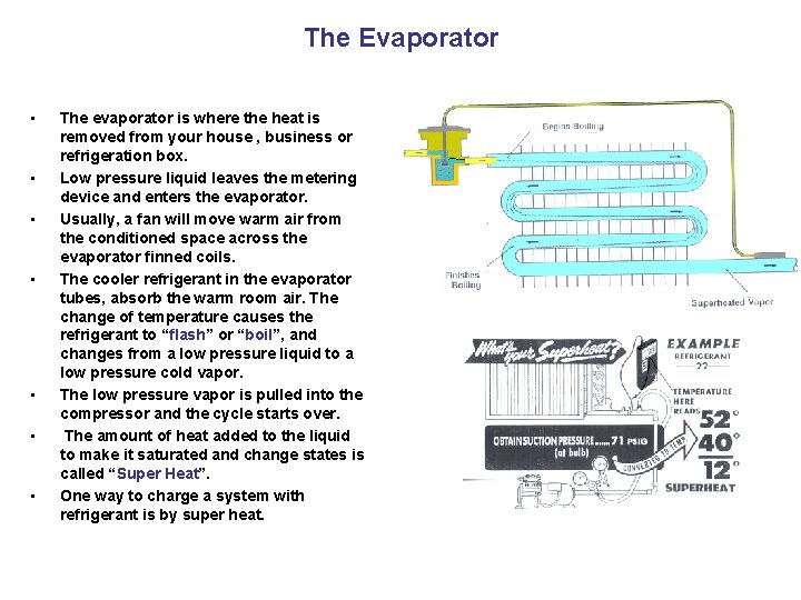 The Evaporator • • The evaporator is where the heat is removed from your