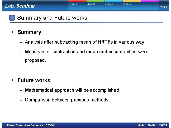 Lab. Seminar Chap 1: Chap 2: Chap 3: Chap 4: 20/20 Summary and Future