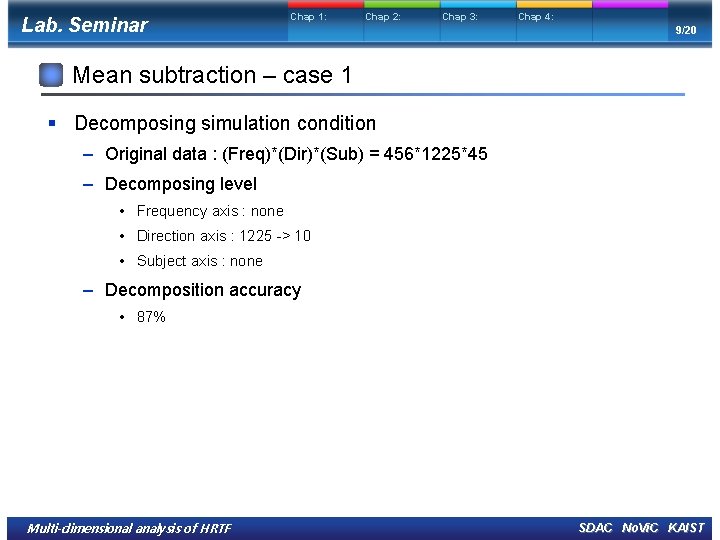 Lab. Seminar Chap 1: Chap 2: Chap 3: Chap 4: 9/20 Mean subtraction –
