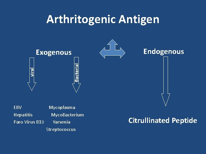 Arthritogenic Antigen Endogenous Bacterial viral Exogenous EBV Mycoplasma Hepatitis Myco. Bacterium Paro Virus B