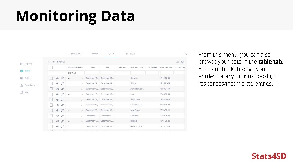 Monitoring Data From this menu, you can also browse your data in the table