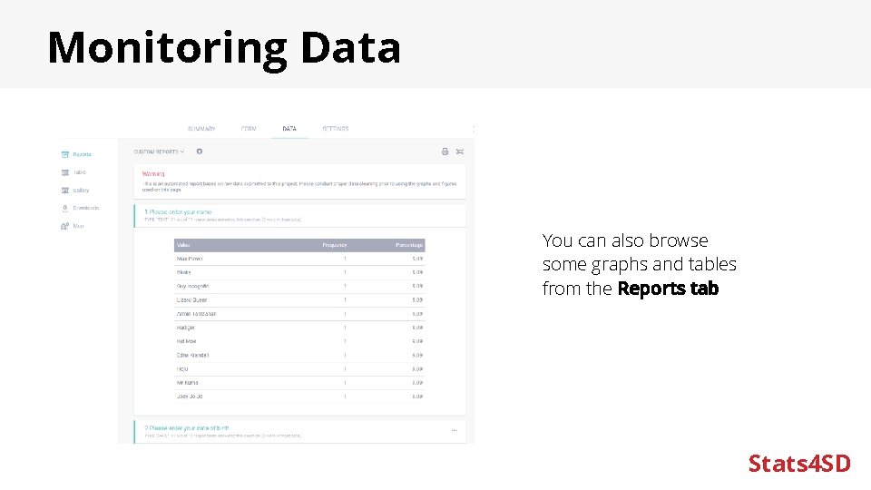 Monitoring Data You can also browse some graphs and tables from the Reports tab