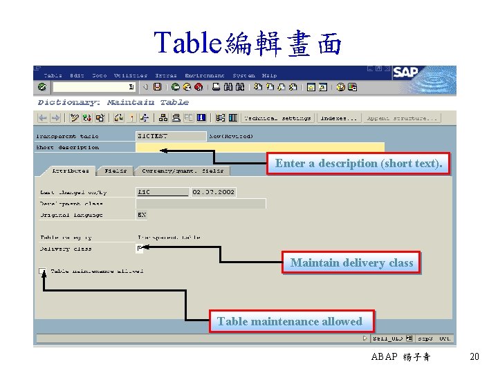 Table編輯畫面 Enter a description (short text). Maintain delivery class Table maintenance allowed ABAP 楊子青