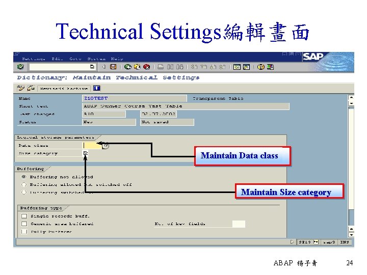 Technical Settings編輯畫面 Maintain Data class Maintain Size category ABAP 楊子青 24 