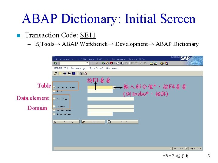ABAP Dictionary: Initial Screen n Transaction Code: SE 11 – 或Tools→ ABAP Workbench→ Development→