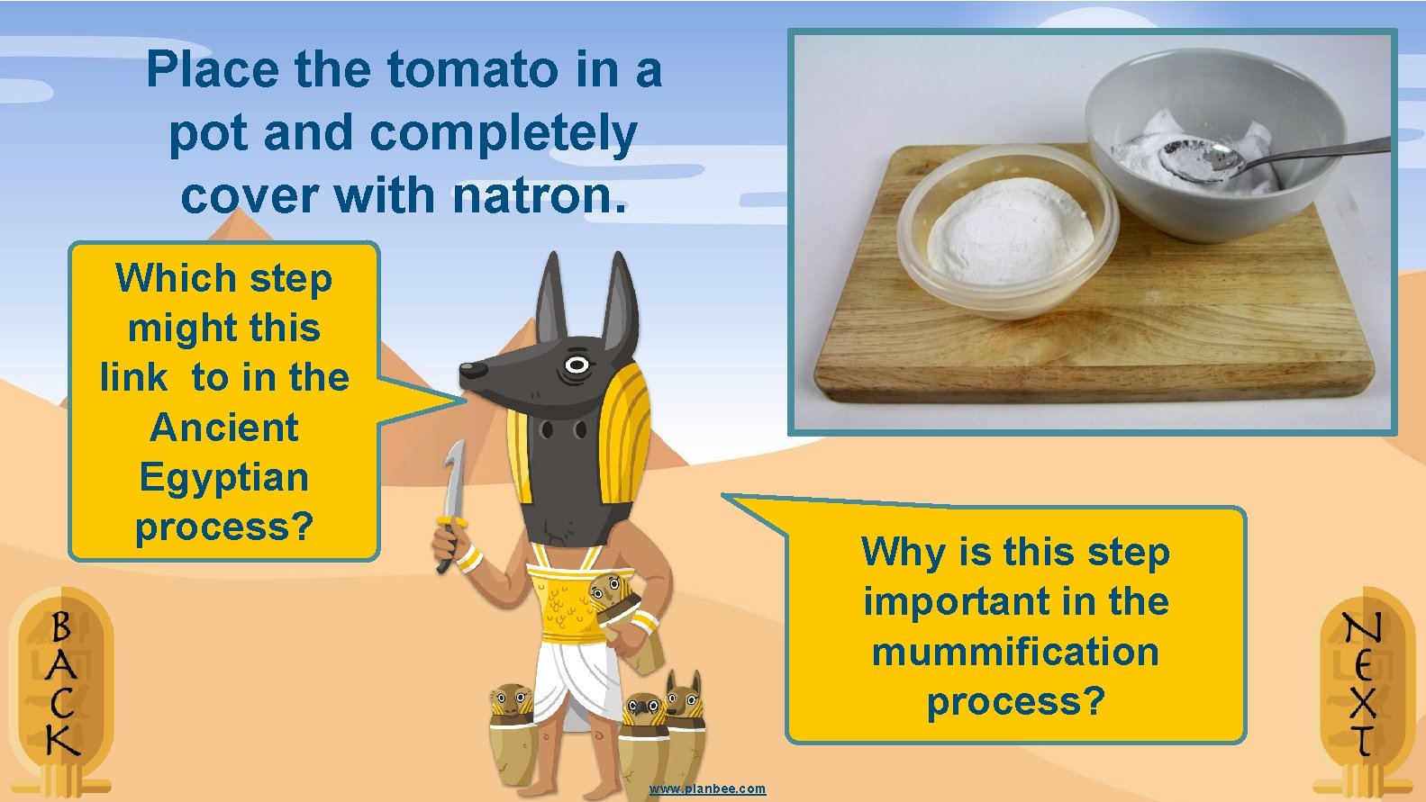 Place the tomato in a pot and completely cover with natron. Which step might