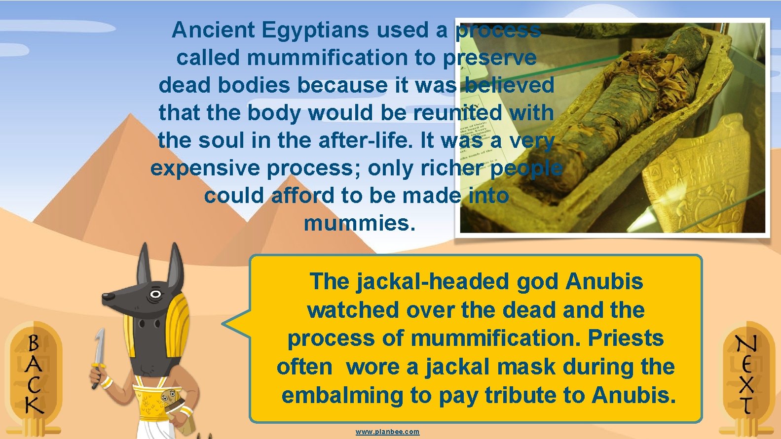 Ancient Egyptians used a process called mummification to preserve dead bodies because it was