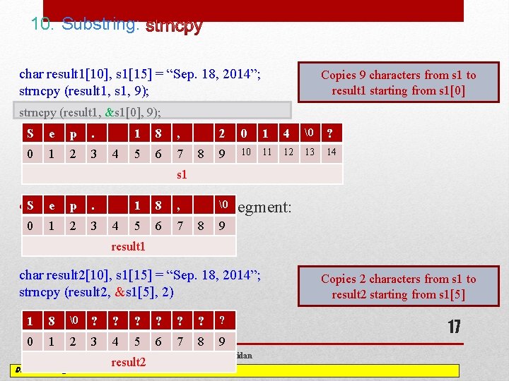 10. Substring: char result 1[10], s 1[15] = “Sep. 18, 2014”; strncpy (result 1,
