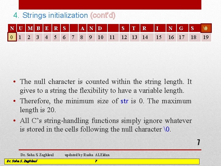 4. Strings initialization (cont’d) N U M B E R S 0 1 2