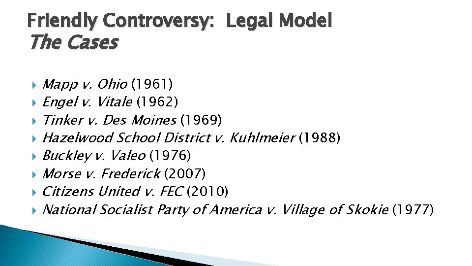 Friendly Controversy: Legal Model The Cases Mapp v. Ohio (1961) Engel v. Vitale (1962)