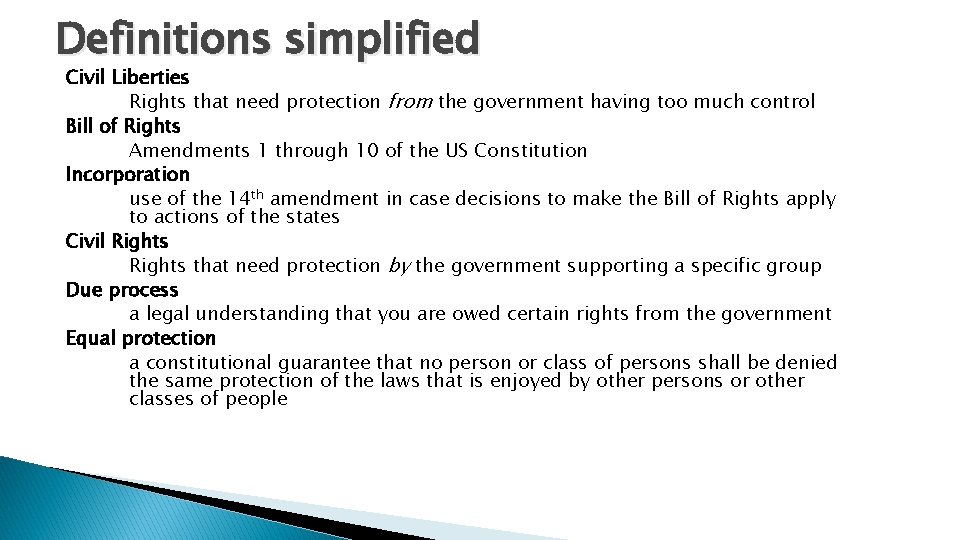 Definitions simplified Civil Liberties Rights that need protection from the government having too much