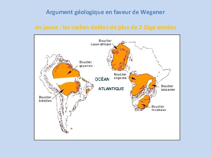Argument géologique en faveur de Wegener en jaune : les roches datées de plus