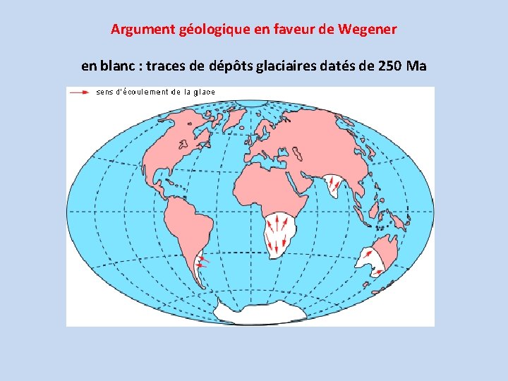 Argument géologique en faveur de Wegener en blanc : traces de dépôts glaciaires datés