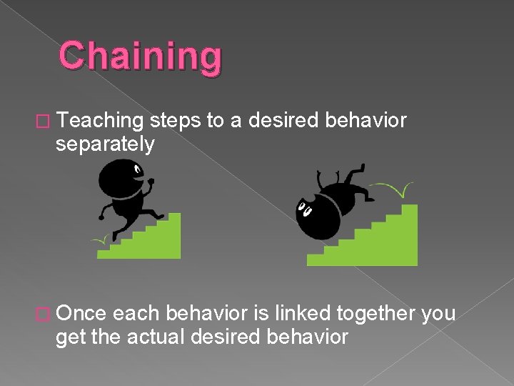 Chaining � Teaching steps to a desired behavior separately � Once each behavior is