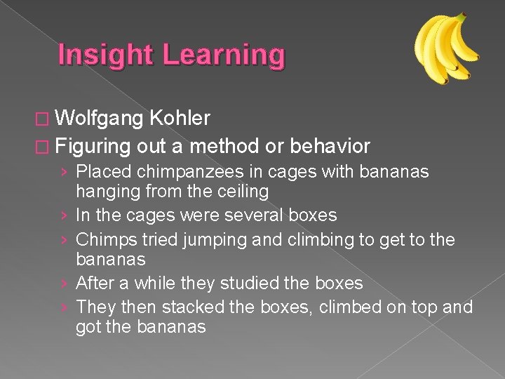 Insight Learning � Wolfgang Kohler � Figuring out a method or behavior › Placed