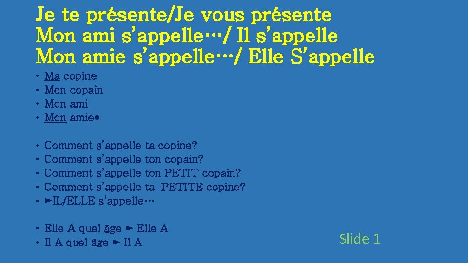 Je te présente/Je vous présente Mon ami s’appelle…/ Il s’appelle Mon amie s’appelle…/ Elle