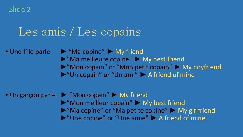 Slide 2 Les amis / Les copains • Une fille parle ► “Ma copine”