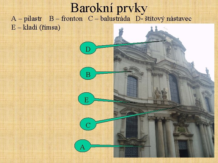 Barokní prvky A – pilastr B – fronton C – balustráda D- štítový nástavec
