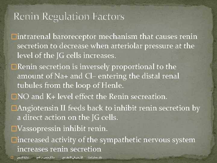 Renin Regulation Factors �intrarenal baroreceptor mechanism that causes renin secretion to decrease when arteriolar