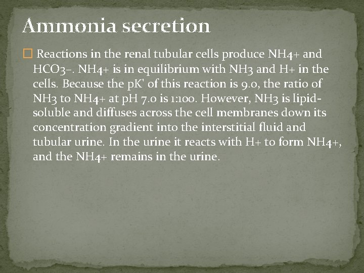 Ammonia secretion � Reactions in the renal tubular cells produce NH 4+ and HCO