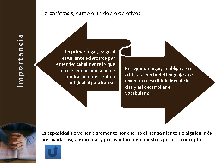 Importancia La paráfrasis, cumple un doble objetivo: En primer lugar, exige al estudiante esforzarse