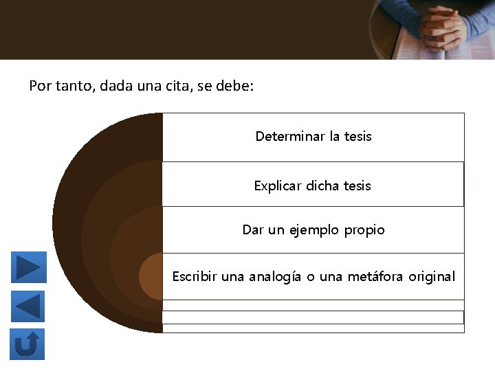 Por tanto, dada una cita, se debe: Determinar la tesis Explicar dicha tesis Dar