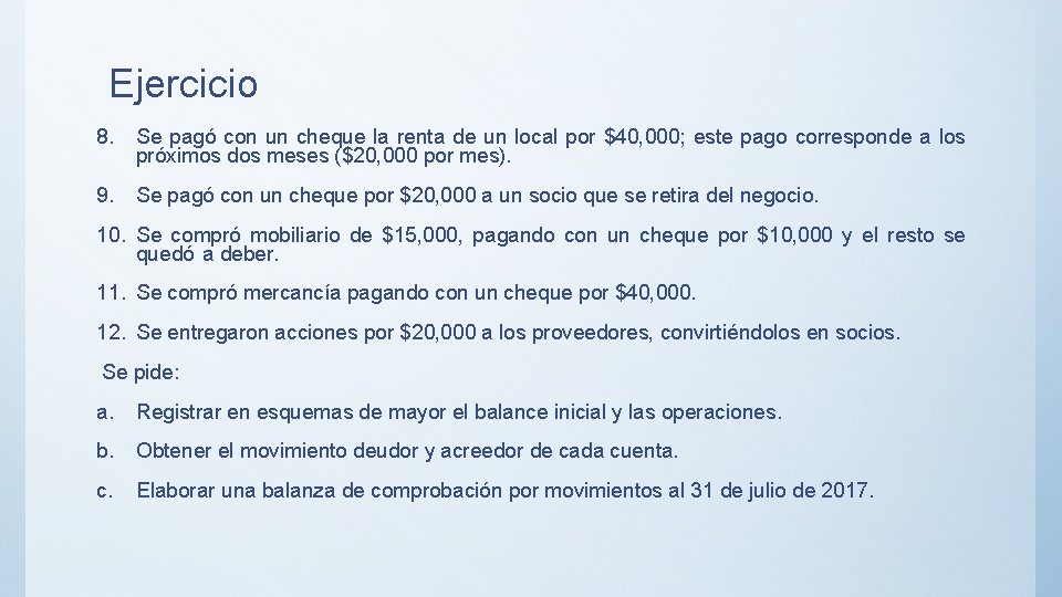 Ejercicio 8. Se pagó con un cheque la renta de un local por $40,