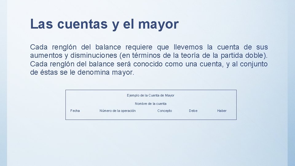 Las cuentas y el mayor Cada renglón del balance requiere que llevemos la cuenta